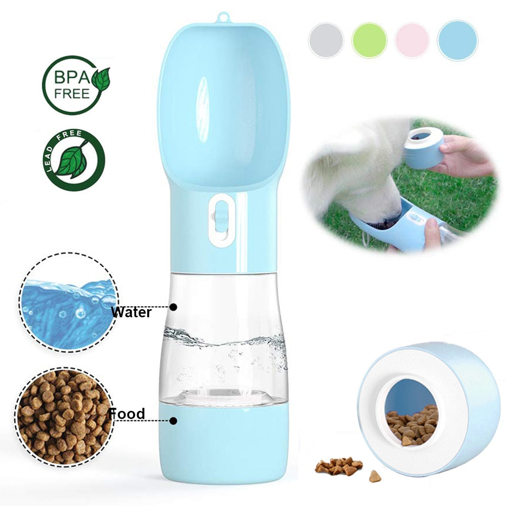 Portable pet bottle with an integrated drinking bowl and food container, ideal for walks and trips.