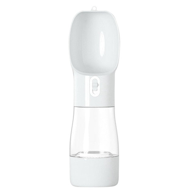 Portable pet bottle with an integrated drinking bowl and food container, ideal for walks and trips.