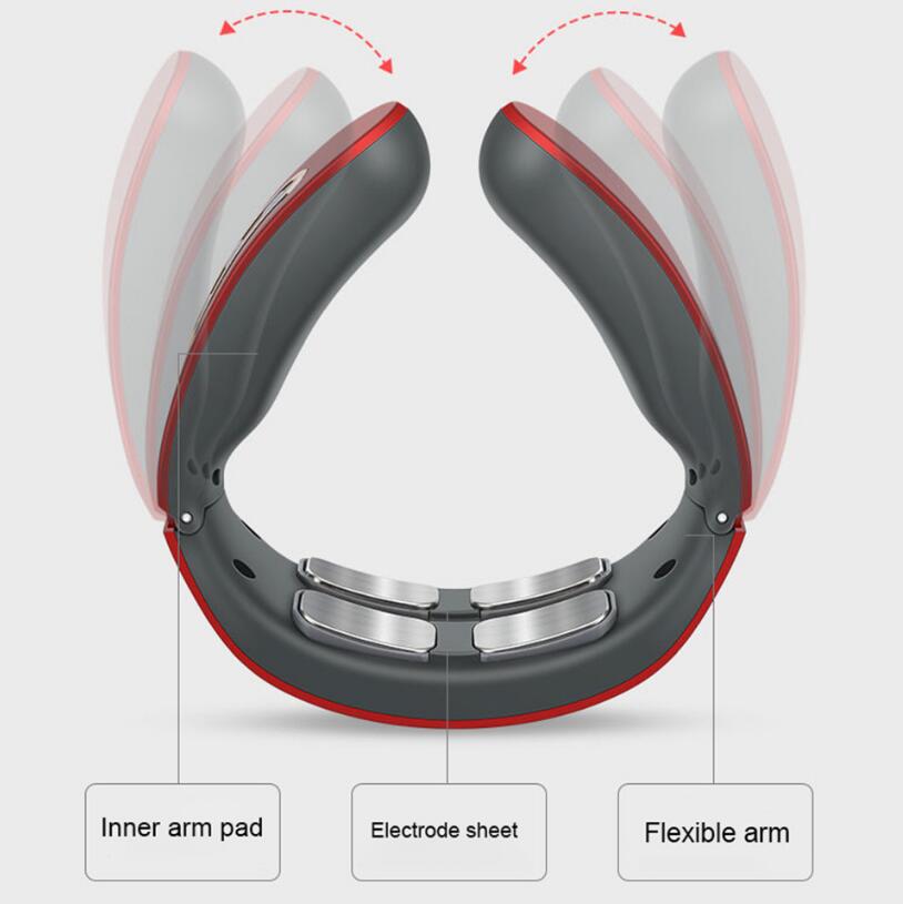 USB-rechargeable neck massager with 4 heads, featuring pulse, kneading, and heat functions.