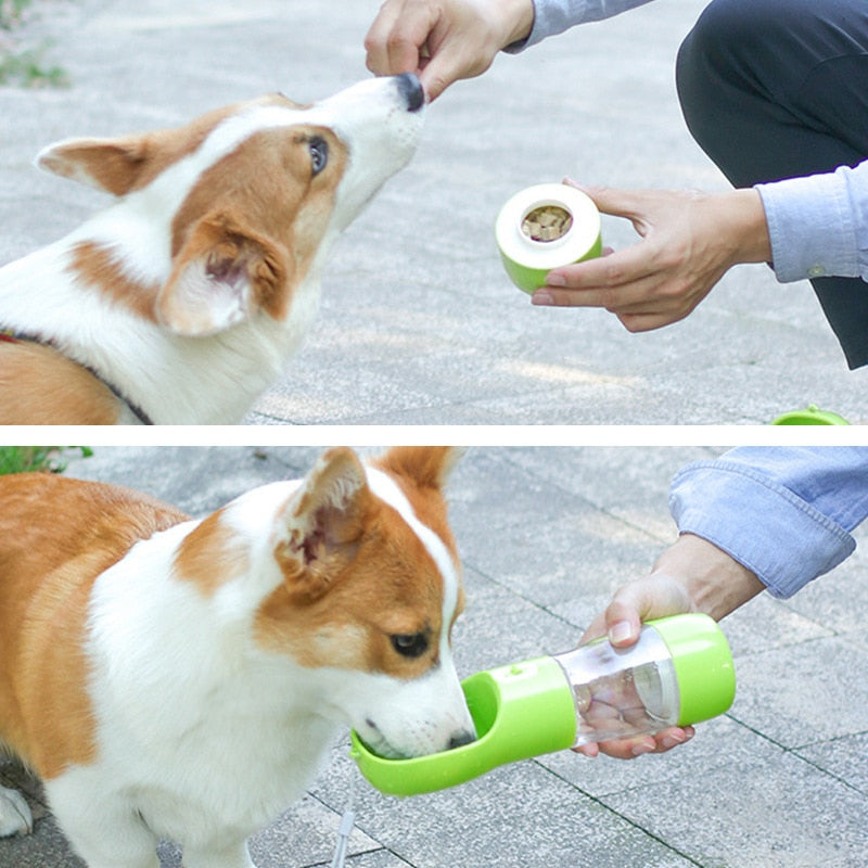 Portable pet bottle with an integrated drinking bowl and food container, ideal for walks and trips.