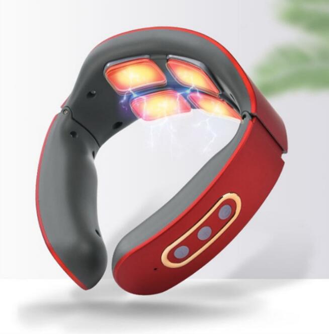 USB-rechargeable neck massager with 4 heads, featuring pulse, kneading, and heat functions.