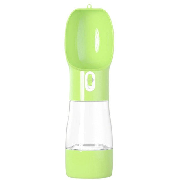 Portable pet bottle with an integrated drinking bowl and food container, ideal for walks and trips.