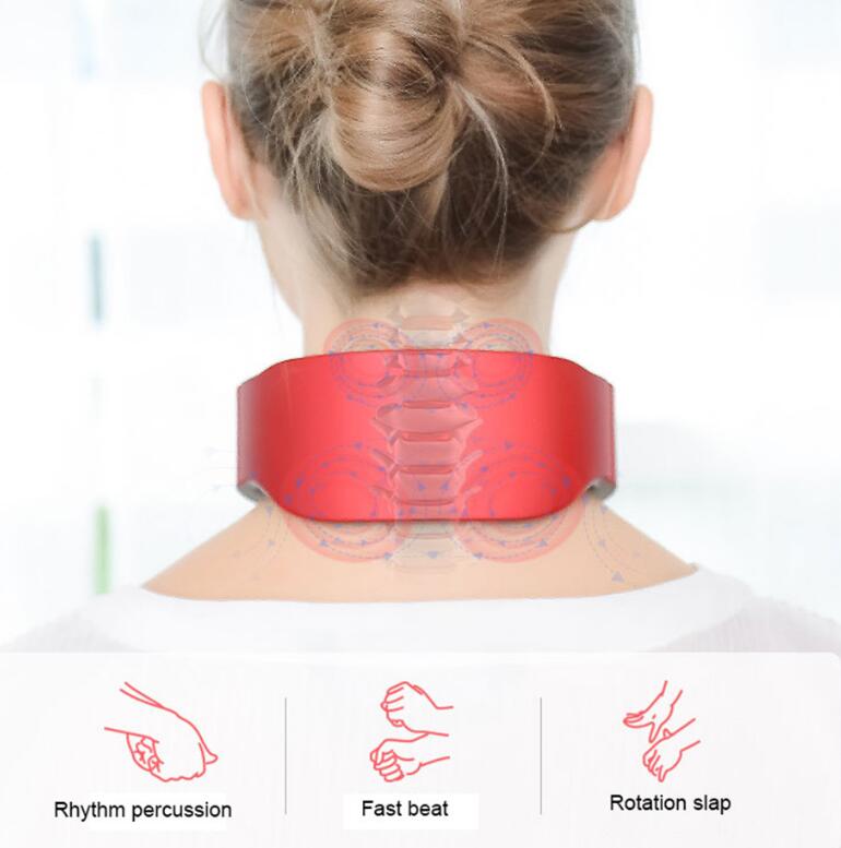 USB-rechargeable neck massager with 4 heads, featuring pulse, kneading, and heat functions.