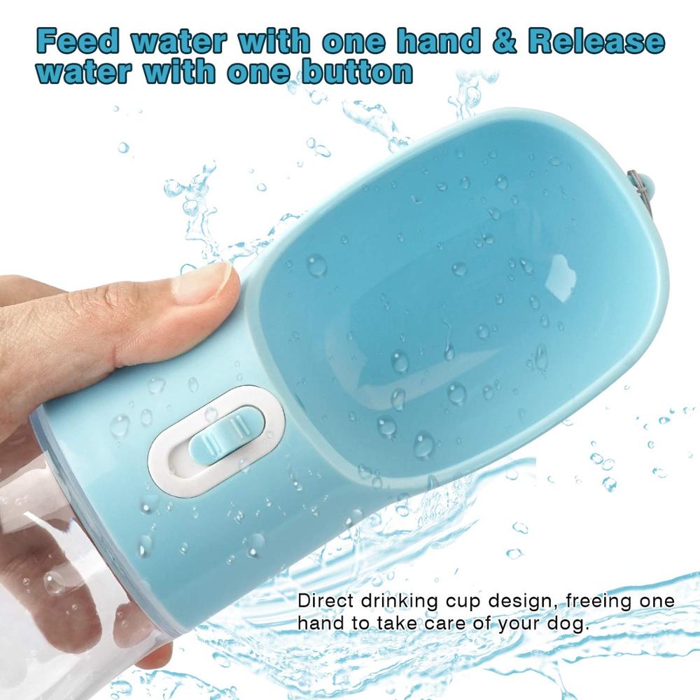 Portable pet bottle with an integrated drinking bowl and food container, ideal for walks and trips.