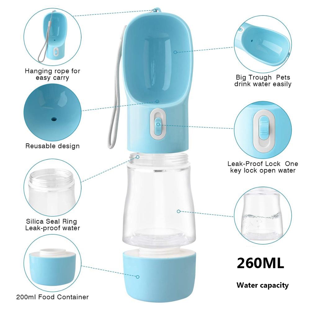Portable pet bottle with an integrated drinking bowl and food container, ideal for walks and trips.