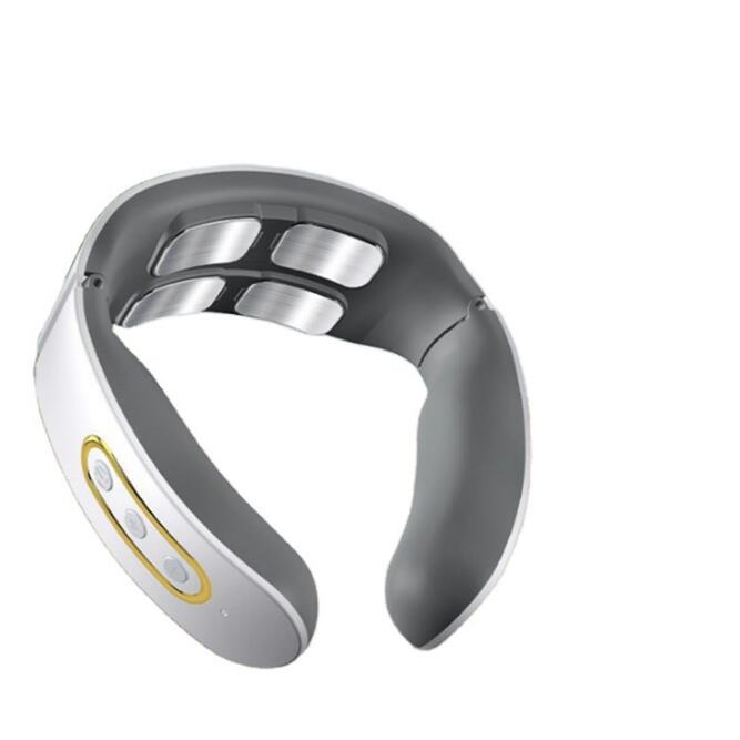 USB-rechargeable neck massager with 4 heads, featuring pulse, kneading, and heat functions.