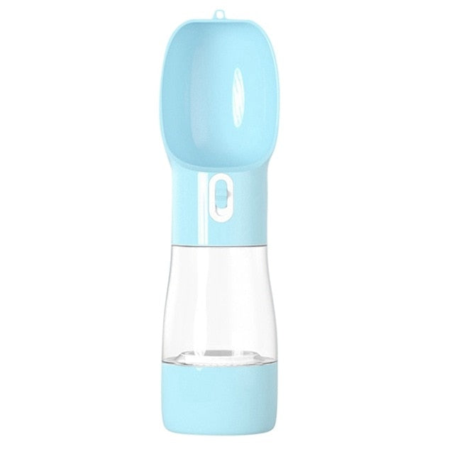 Portable pet bottle with an integrated drinking bowl and food container, ideal for walks and trips.