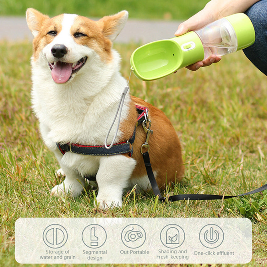 Portable pet bottle with an integrated drinking bowl and food container, ideal for walks and trips.