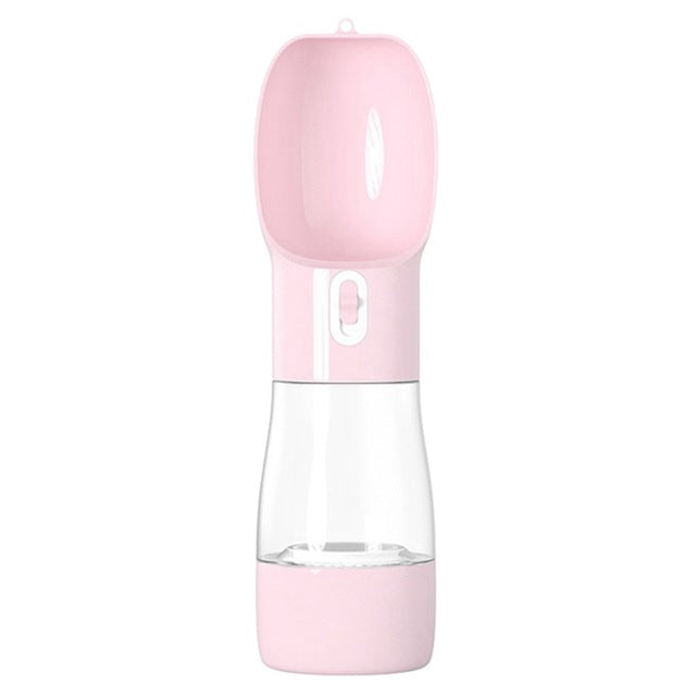 Portable pet bottle with an integrated drinking bowl and food container, ideal for walks and trips.