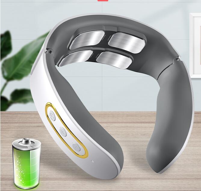 USB-rechargeable neck massager with 4 heads, featuring pulse, kneading, and heat functions.